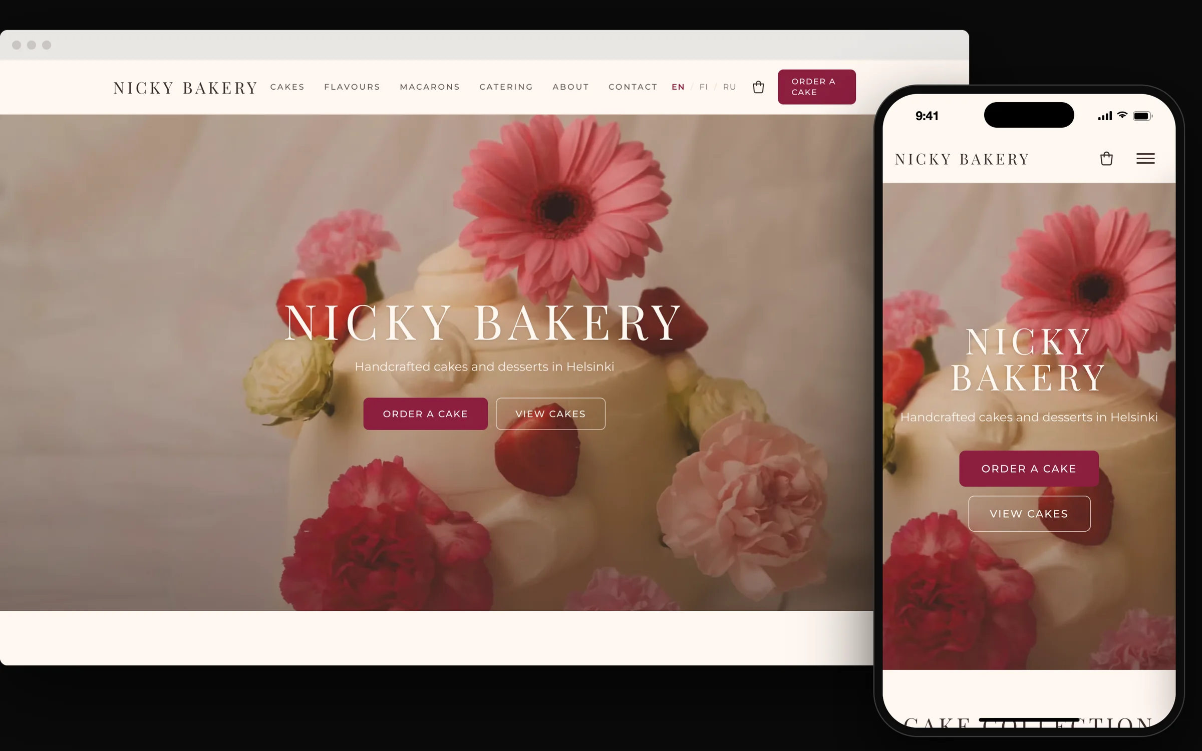 Сайт Nicky Bakery открыт на компьютере и на iPhone